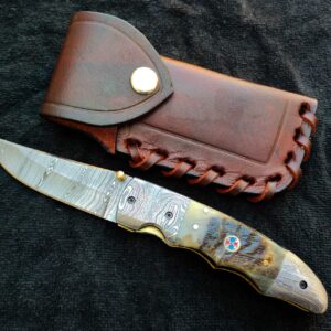 Damascus steel Sheep Horn folding Knife