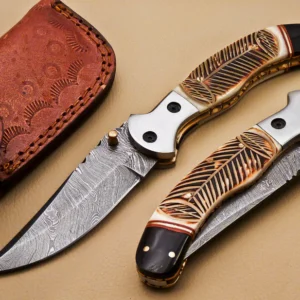 Beautiful Custom Damascus Steel Folding Handmade Knife – Engraved Burn Camel Bone Handle