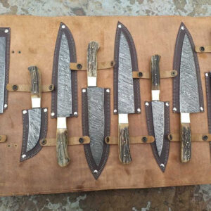 Damascus Steel Antler Horn Grip Chef Kitchen Knives – Professional Set of 8