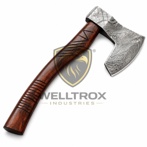 Handmade Damascus Steel Axe with Custom Leather Sheath