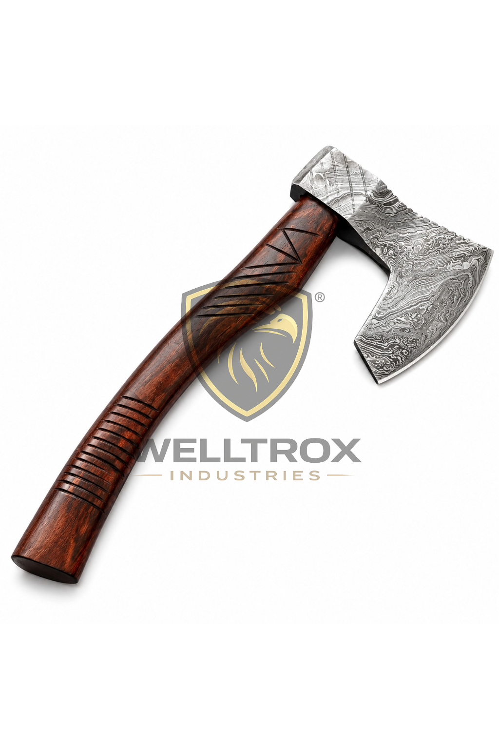Handmade Damascus Steel Axe with Custom Leather Sheath