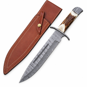 Handmade Damascus Bowie Knife with Leather Sheath